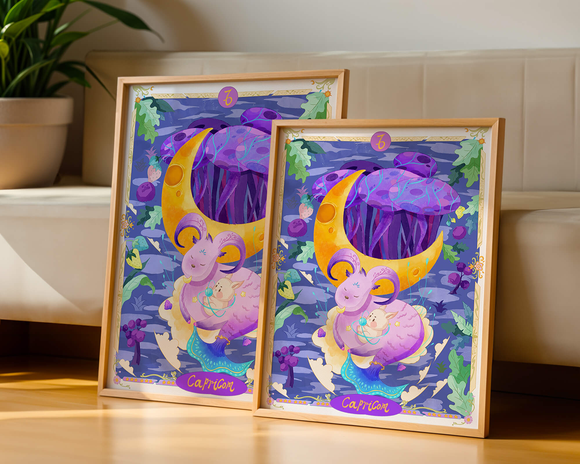 Colorful Capricorn zodiac illustration with fantasy elements