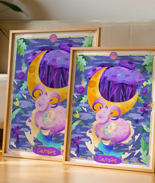 Colorful Capricorn zodiac illustration with fantasy elements