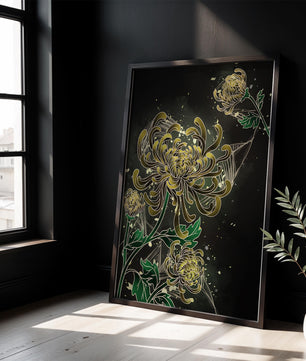 Œuvre élégante de chrysanthèmes dorés et verts sur fond sombre
