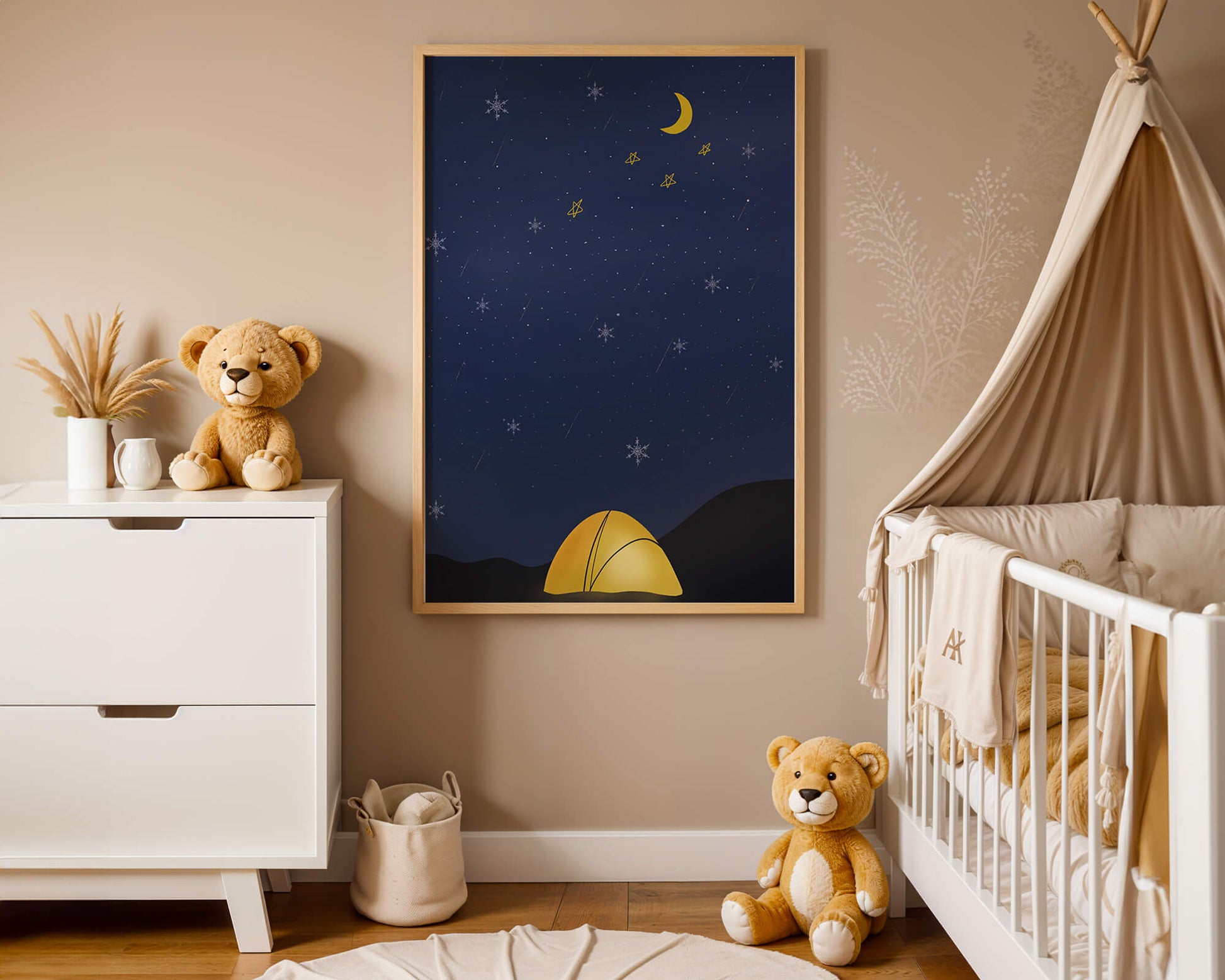 Camping Under Night Sky with Stars and Crescent Moon