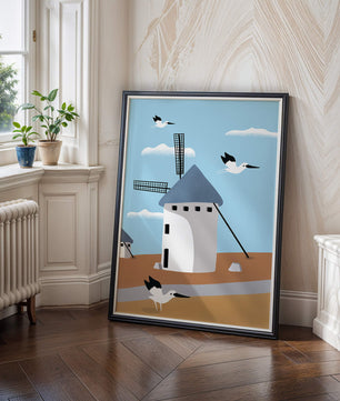 Windmill Landscape with Birds in a Minimalist Style