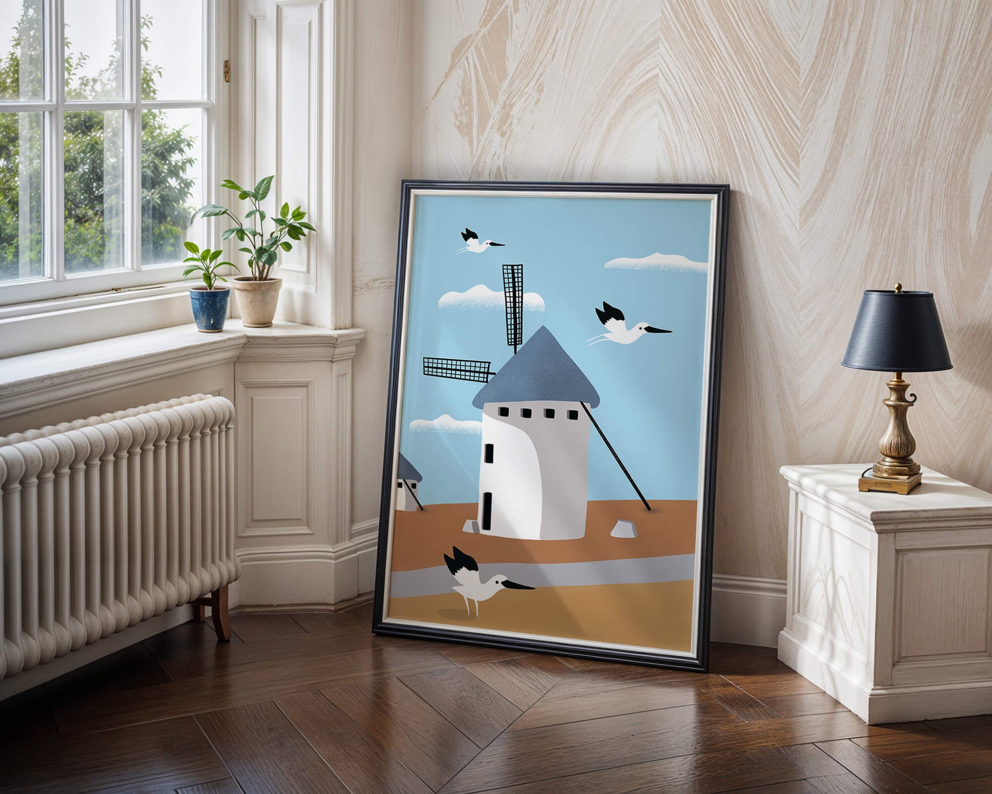 Paisaje de molino de viento con pájaros en estilo minimalista