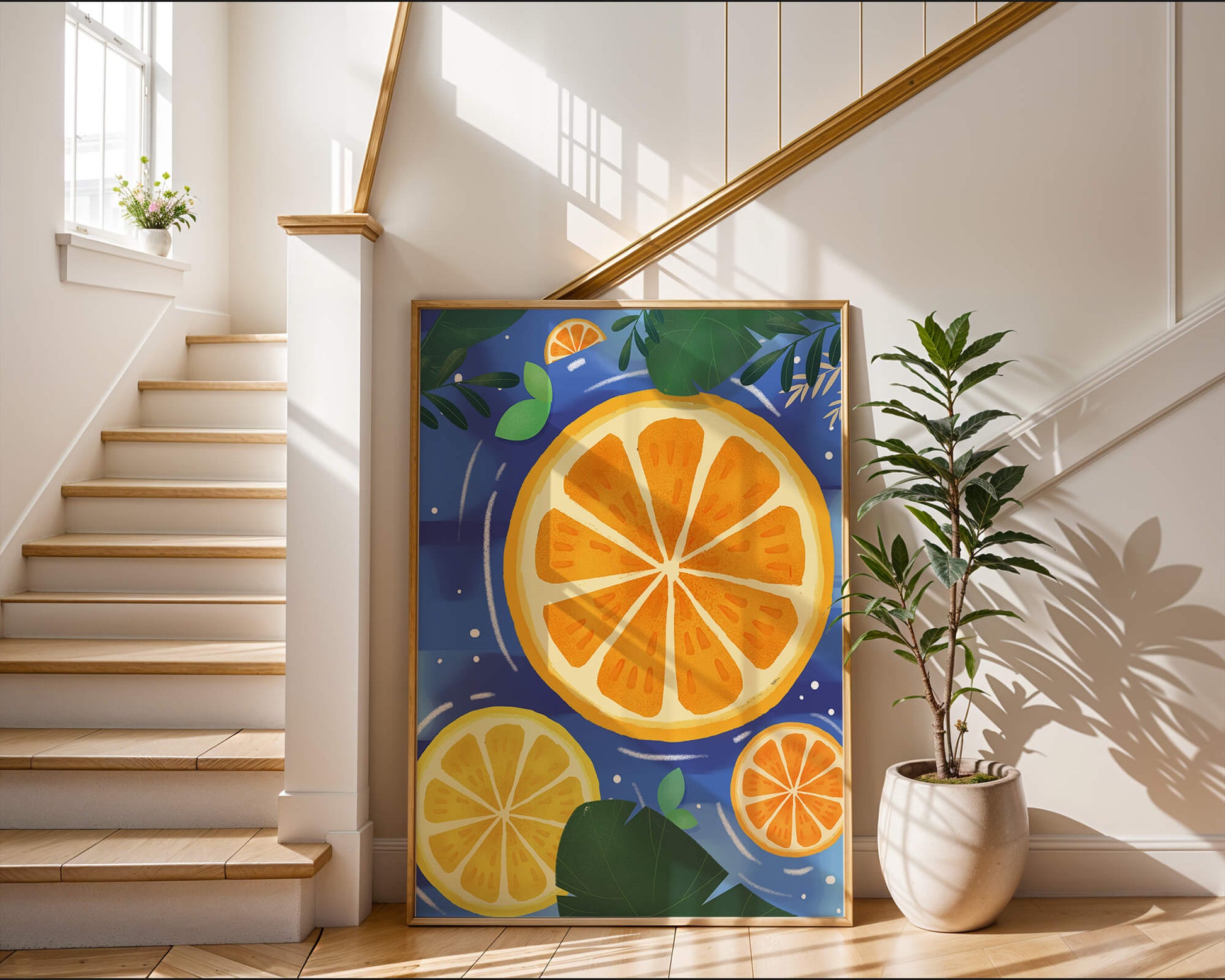 Rodajas de cítricos coloridas sobre fondo azul con hojas tropicales