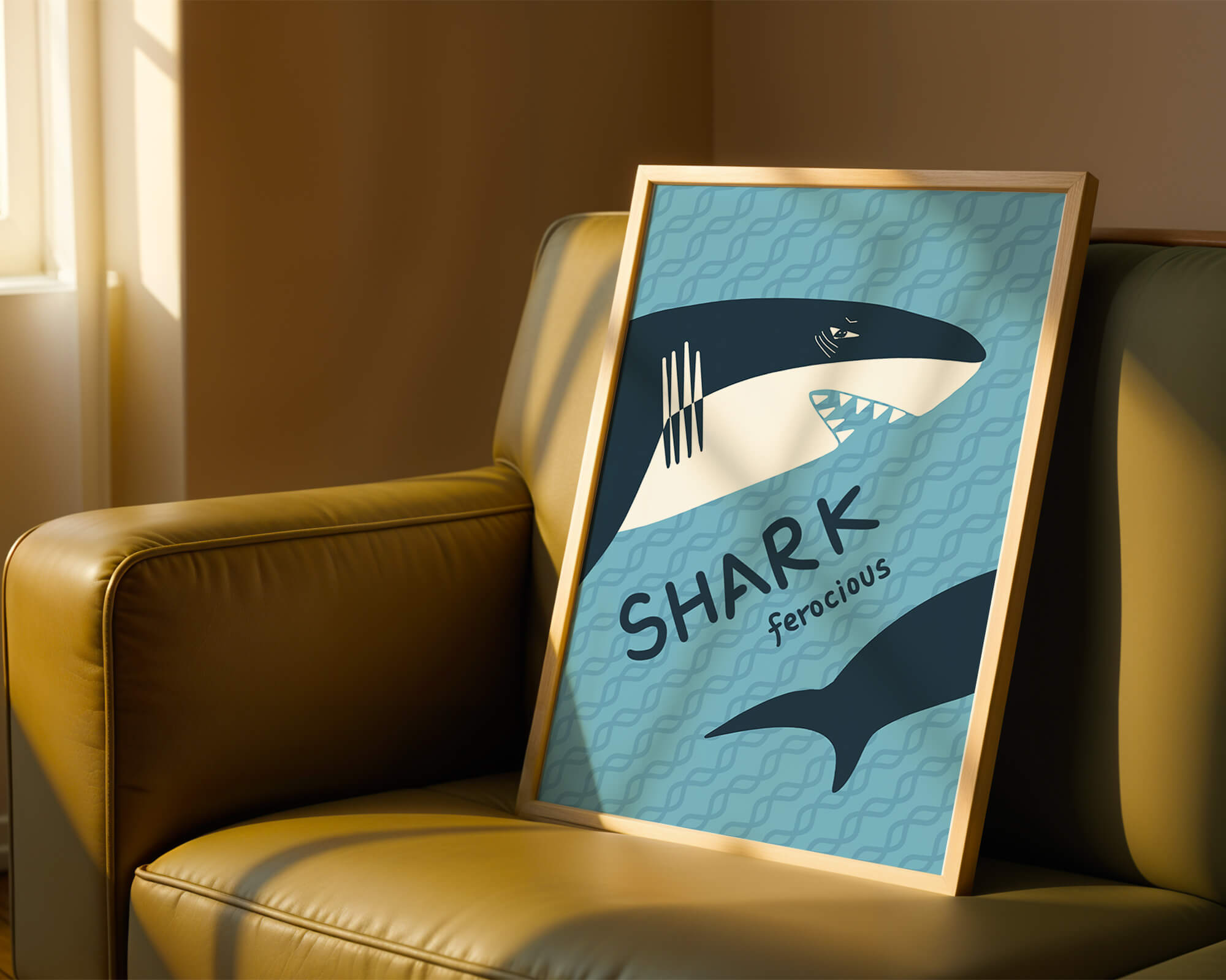 Illustrated shark graphic with blue background and typography