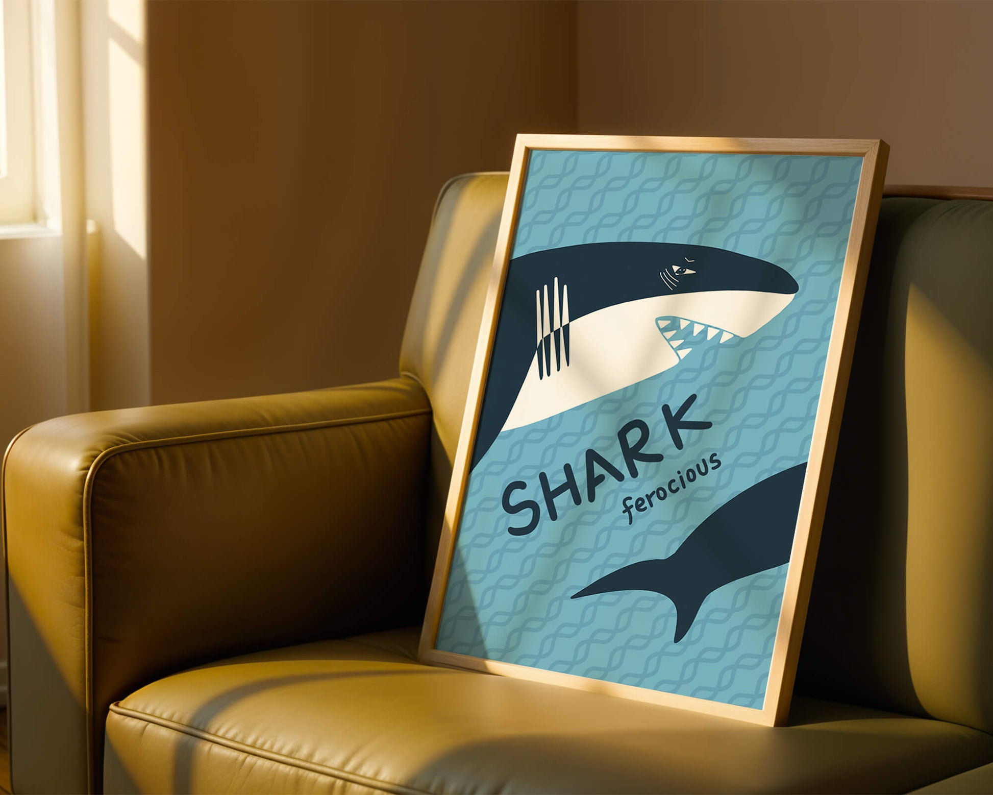 Illustrated shark graphic with blue background and typography