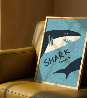 Illustrated shark graphic with blue background and typography