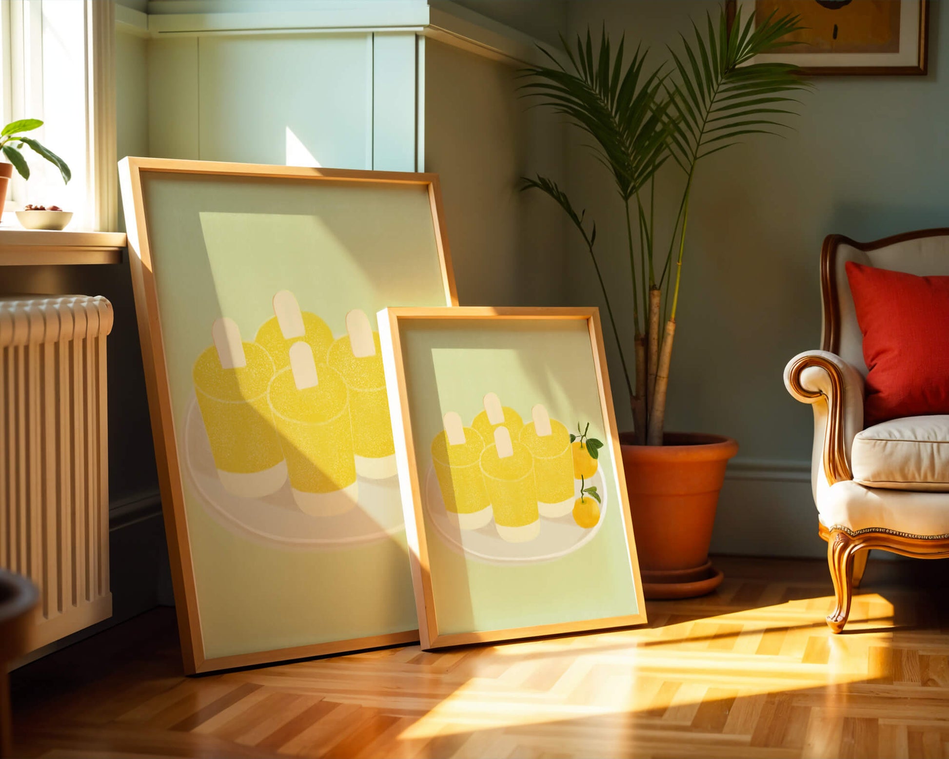 Illustration of yellow popsicles and oranges on a plate