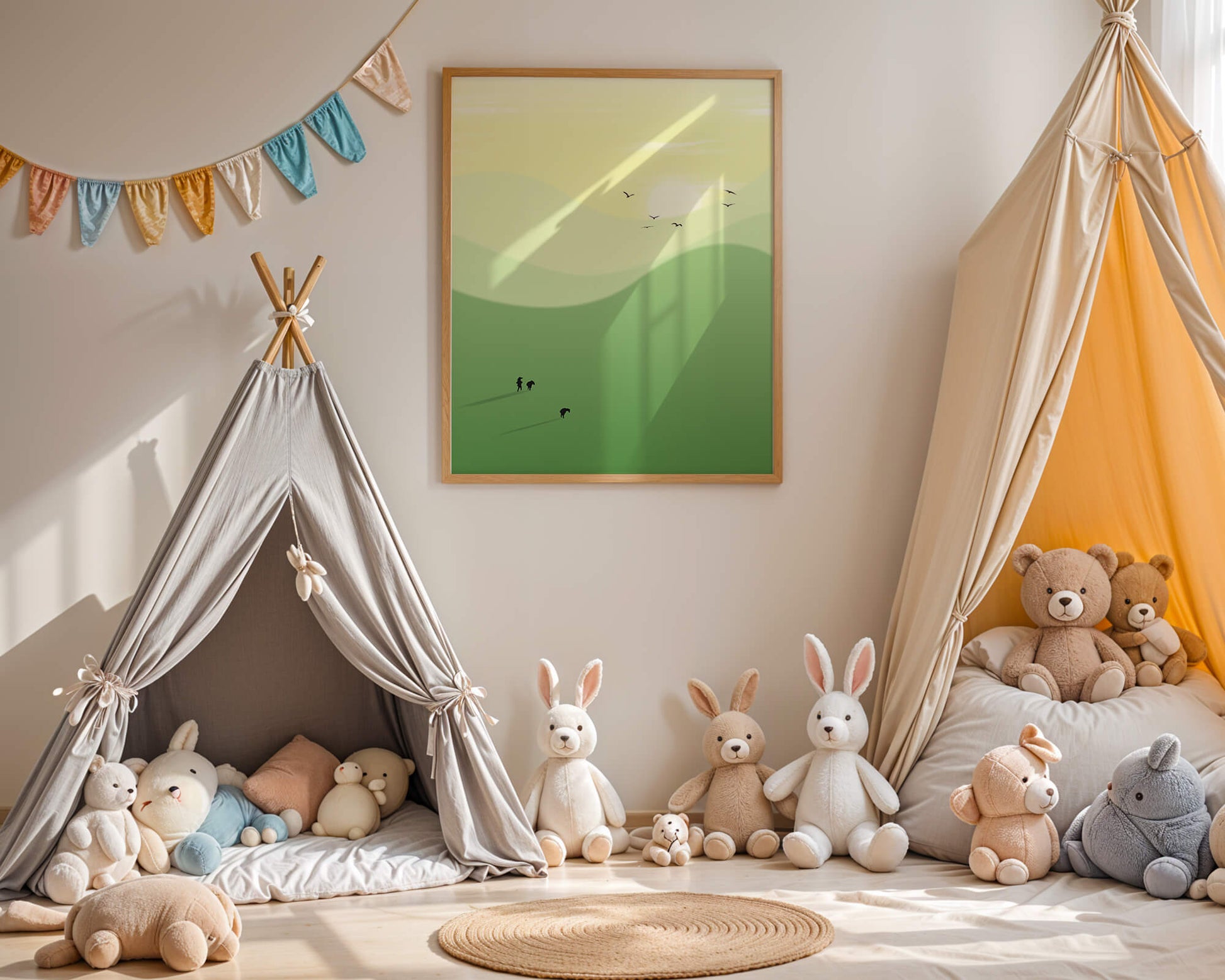 Paisaje minimalista con siluetas de personas y pájaros al atardecer