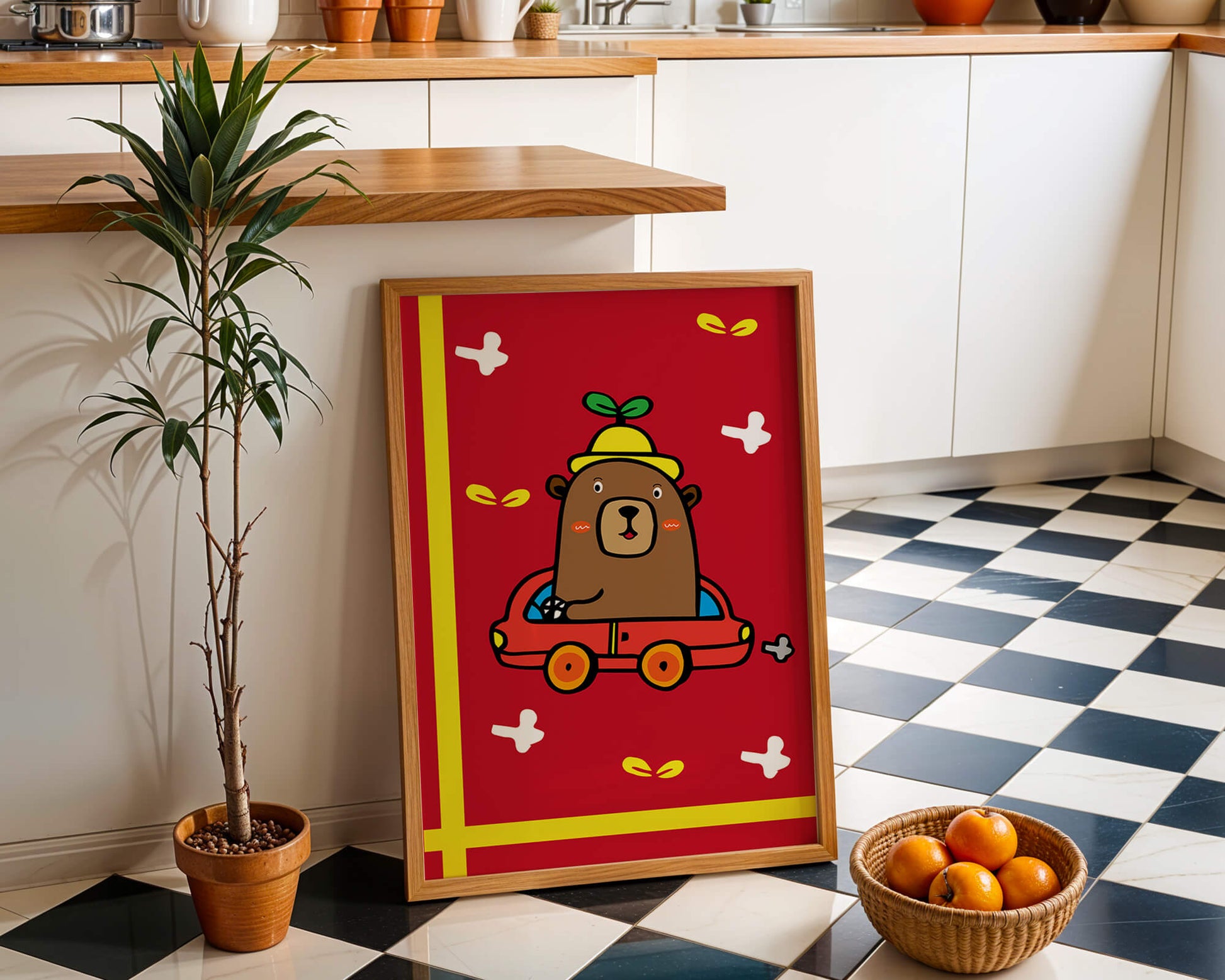 Whimsical bear driving a car on a bright red background
