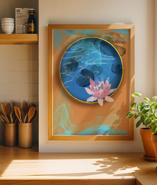 Abstrakte Seerosenkunst mit goldenen Akzenten auf blauem und orangefarbenem Hintergrund