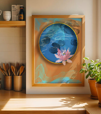 Abstract water lily art with gold accents on blue and orange background