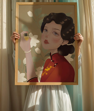 Captivating portrait of a woman in traditional attire with floral backdrop
