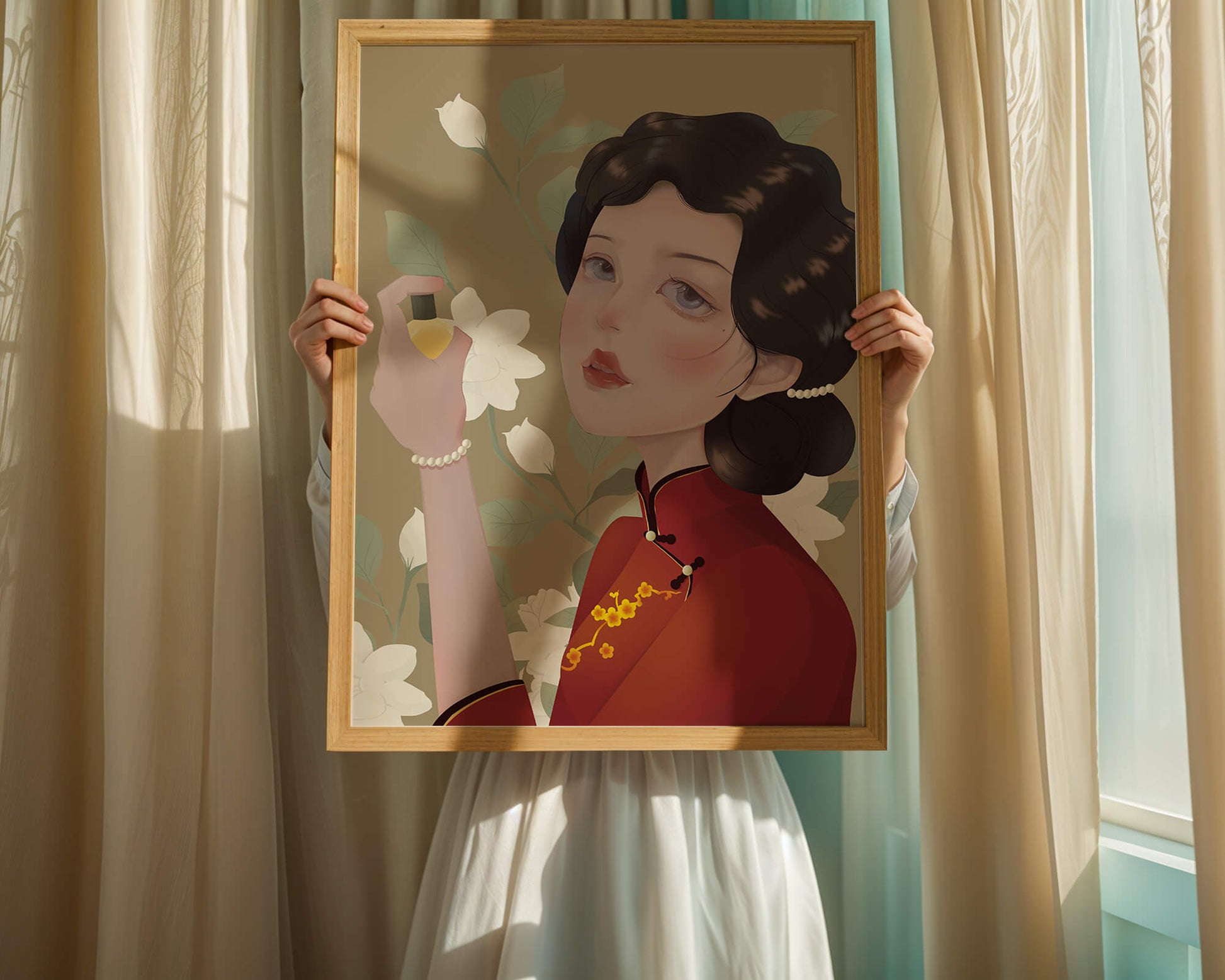 Captivating portrait of a woman in traditional attire with floral backdrop