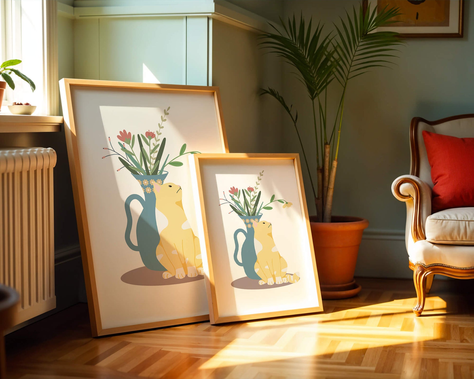 Illustration of a cat sitting beside a floral vase