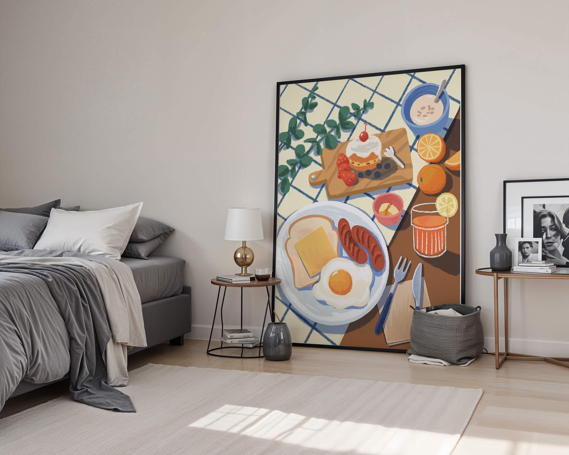 Escena de desayuno colorida con comida y bebida