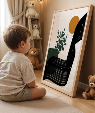 L'œuvre d'art abstraite de la nature avec une silhouette de plante et des formes géométriques