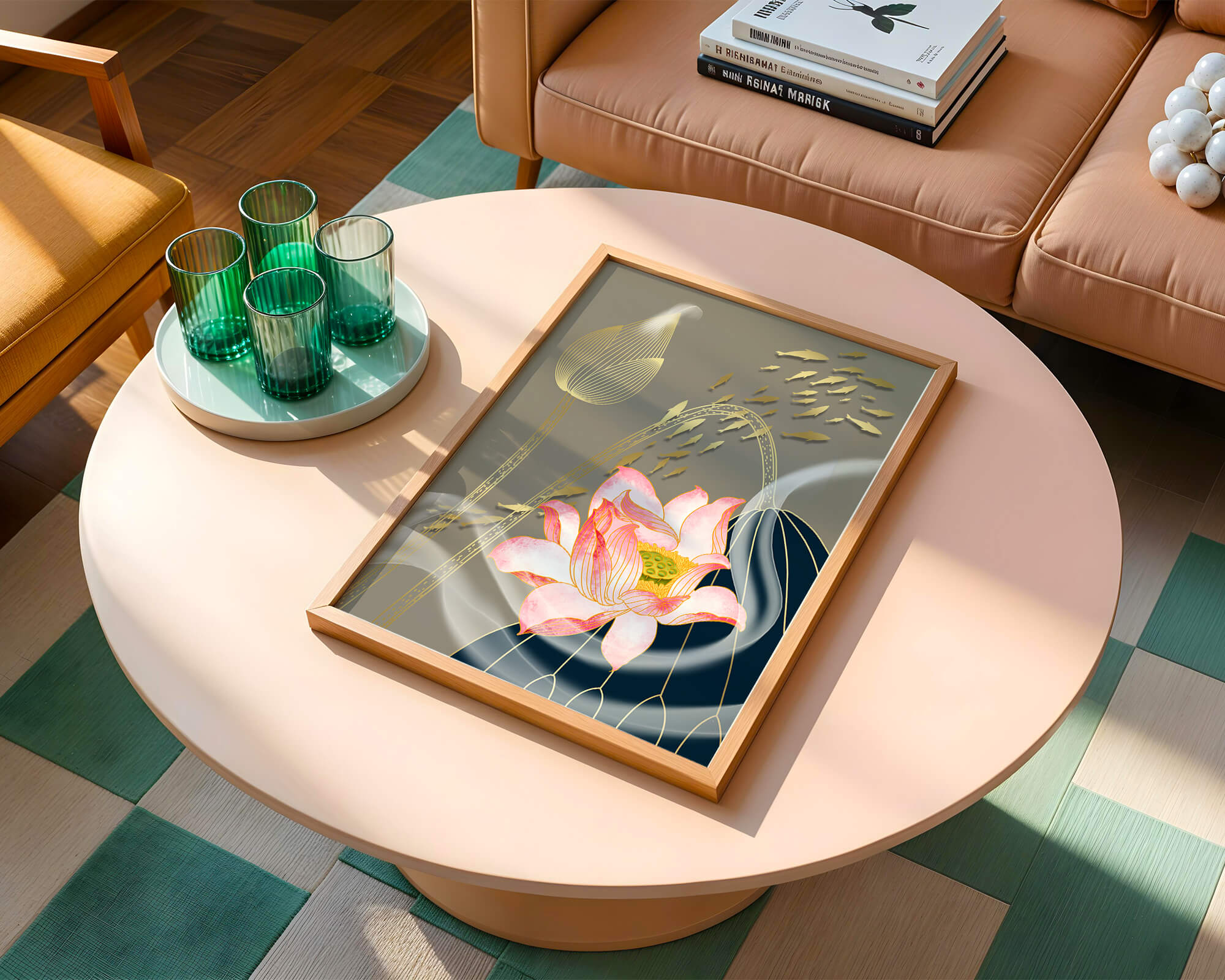 Elegant floral design with blooming lotus and golden fish accents