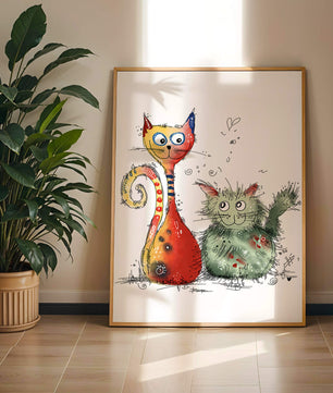 Ilustración artística colorida de dos gatos juguetones sobre fondo blanco