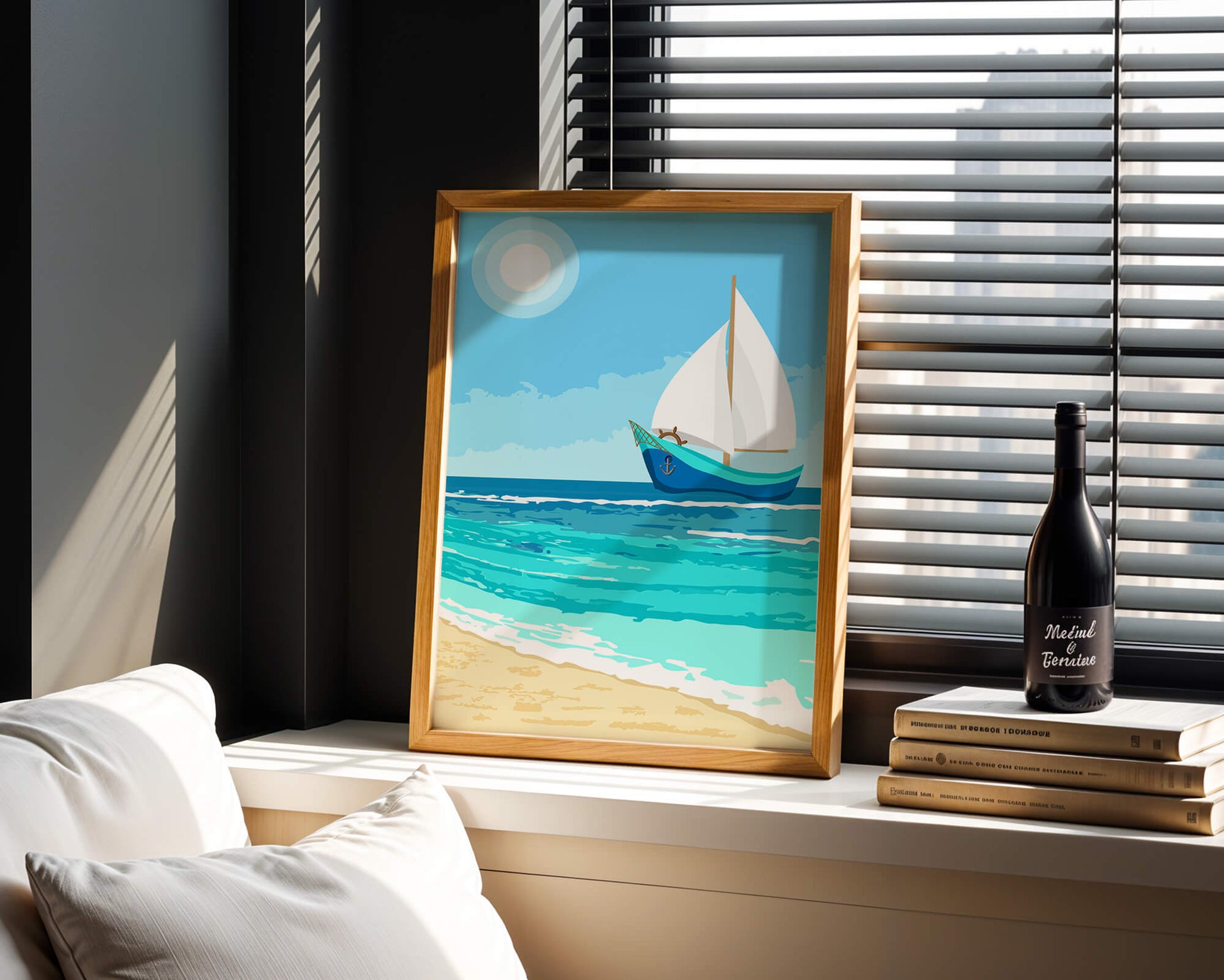 Serene ocean scenery with sailboat under the sun