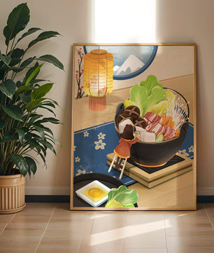 Illustration eines gemütlichen Winteressens mit Hot Pot und Zutaten