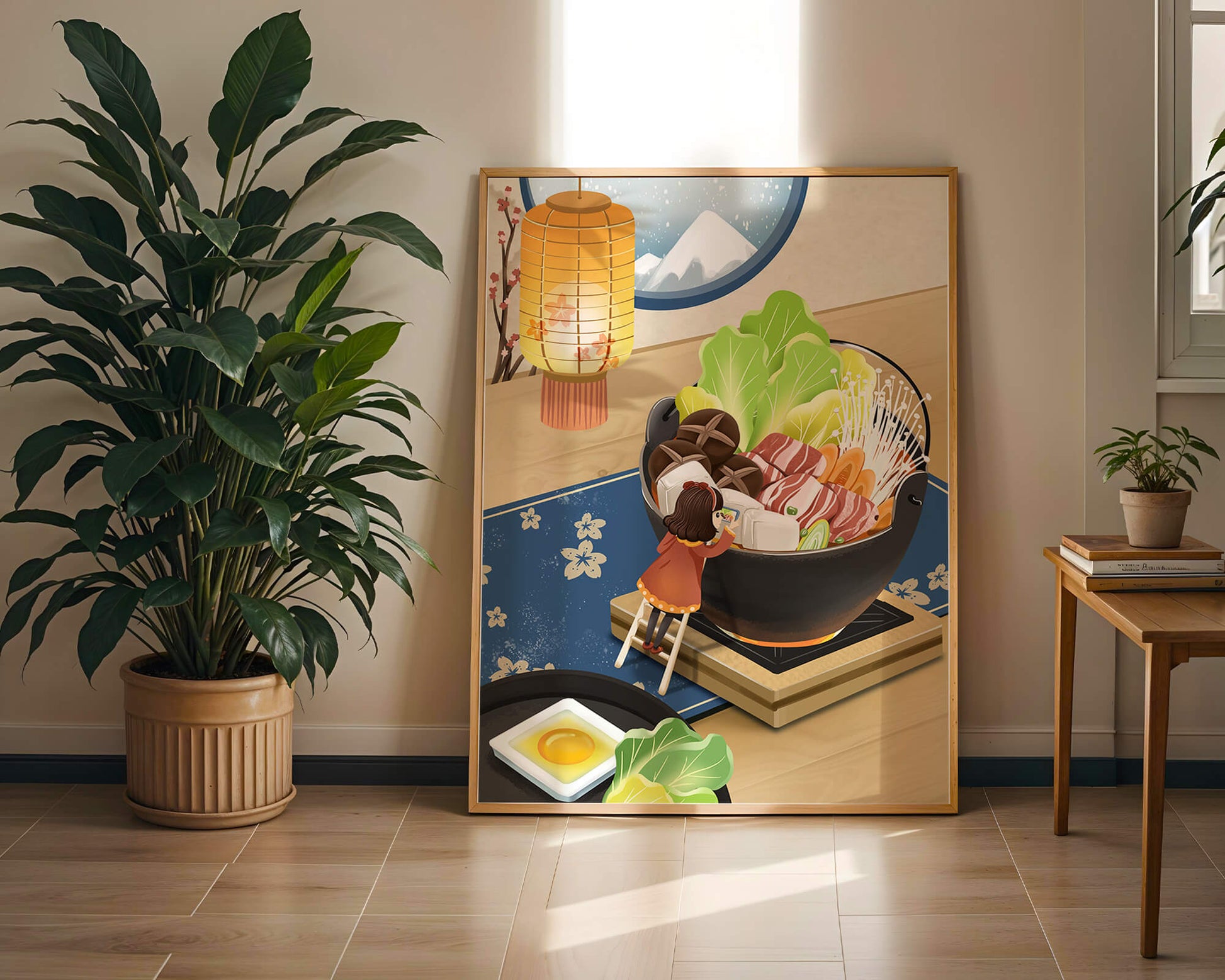 Illustration eines gemütlichen Winteressens mit Hot Pot und Zutaten