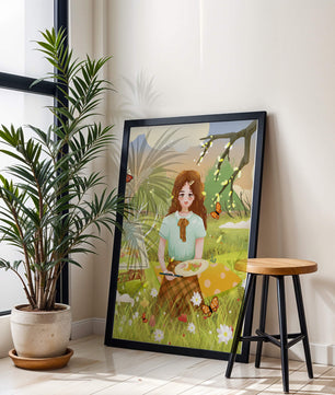 Ilustración de una chica pintando al aire libre rodeada de mariposas y flores