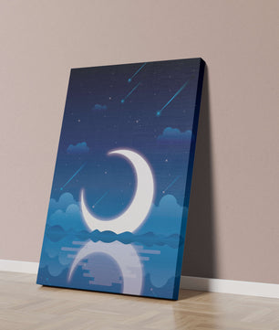 Serene night sky with crescent moon reflecting on water