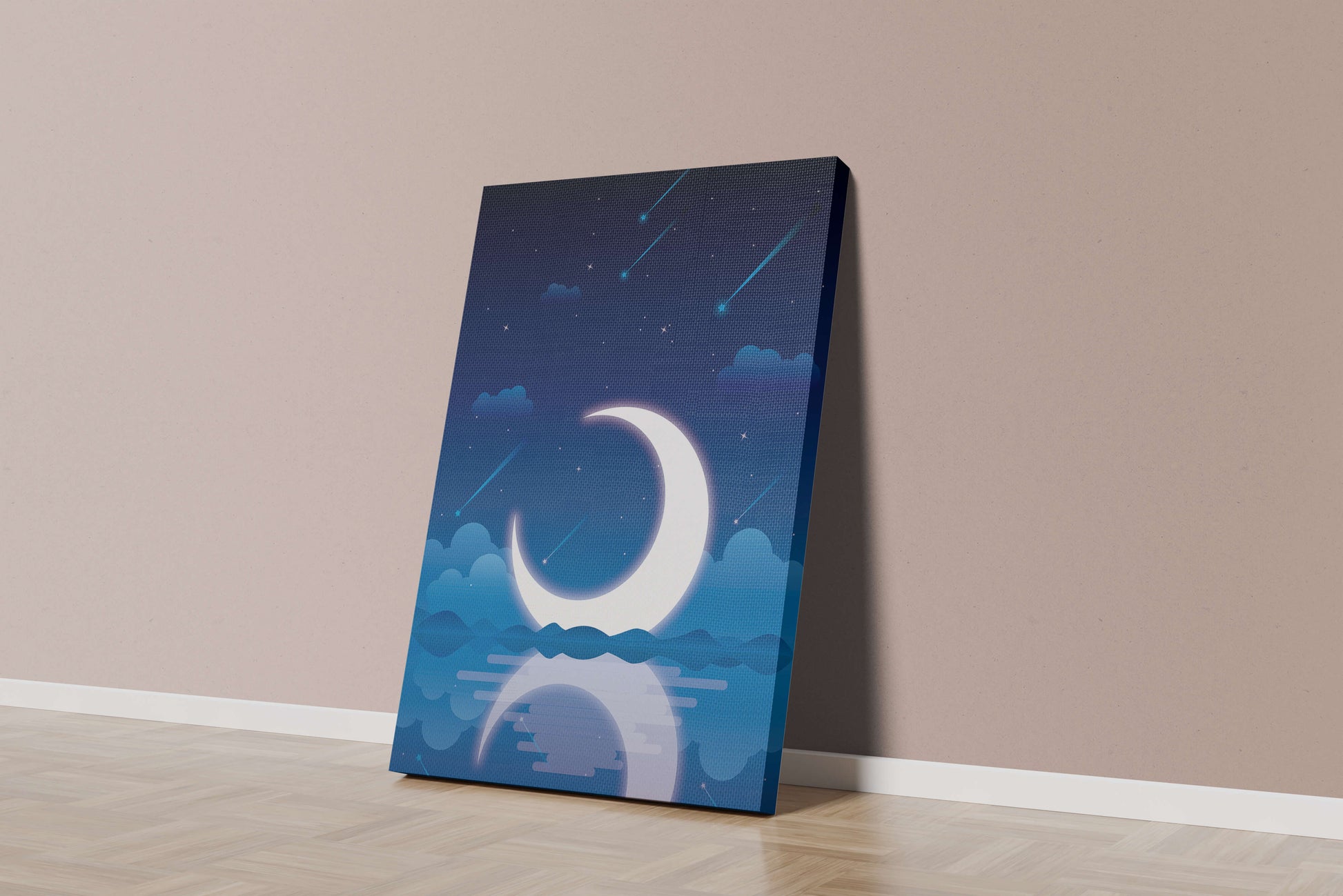 Serene night sky with crescent moon reflecting on water