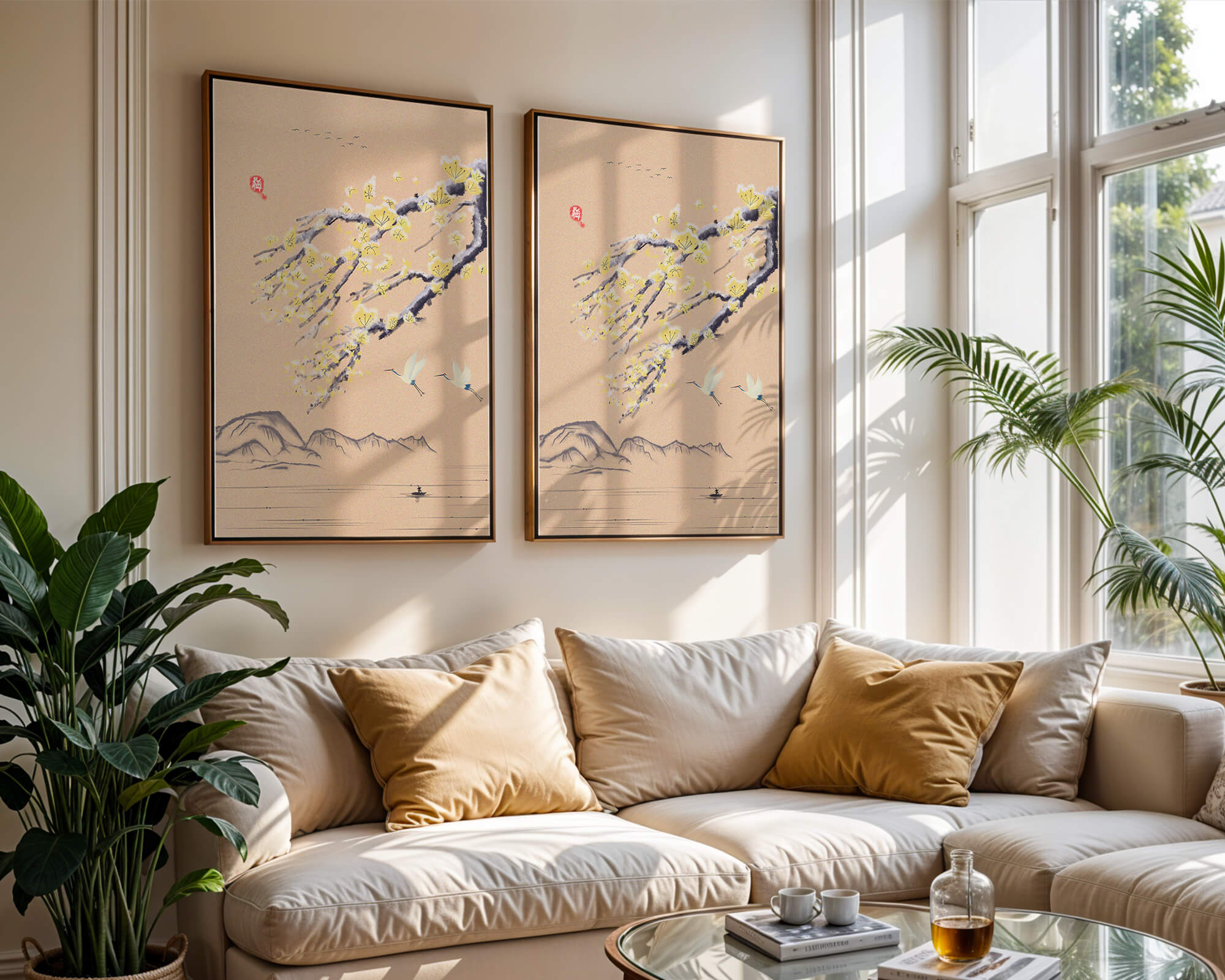 Tranquil landscape with blooming branches and flying cranes