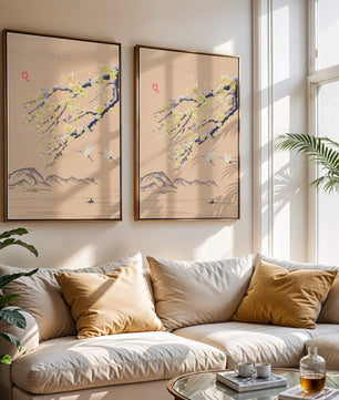 Tranquil landscape with blooming branches and flying cranes
