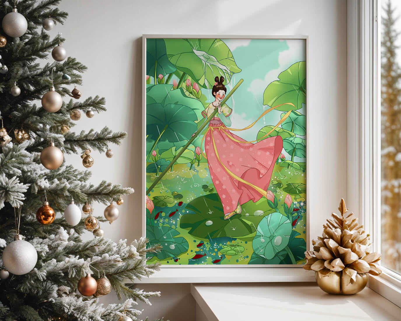 A whimsical scene of a girl in traditional dress among vibrant lotus leaves