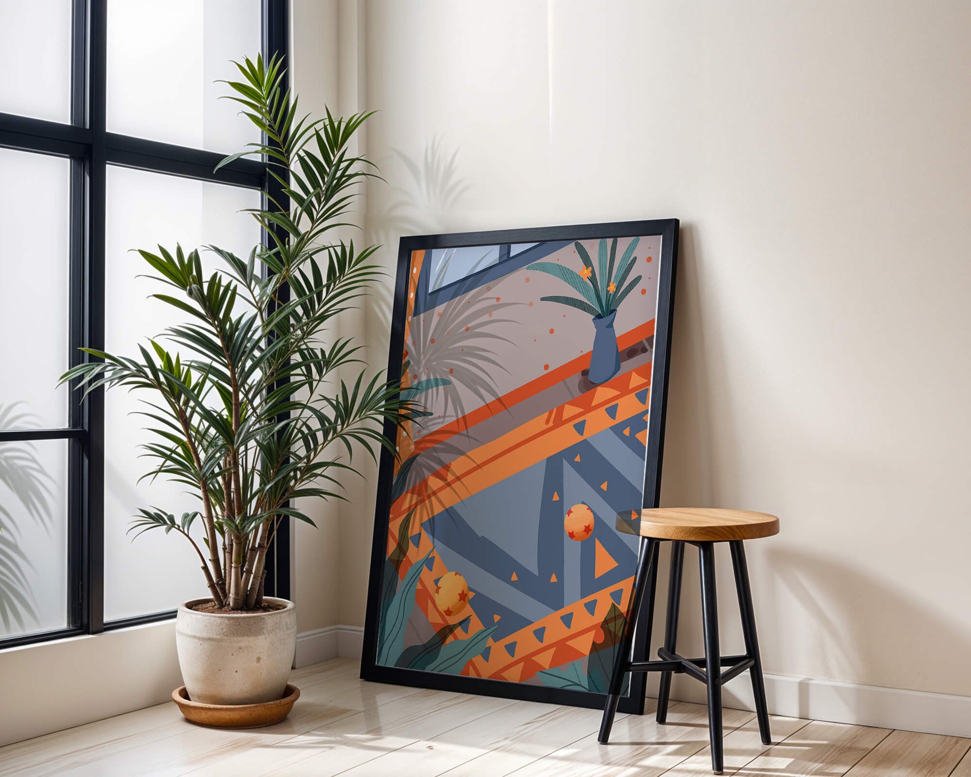 Interior abstracto moderno con patrones geométricos y planta