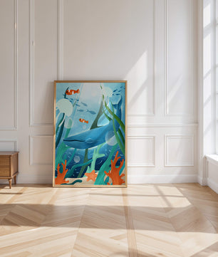Underwater scene with whale, fish, and sea plants illustration
