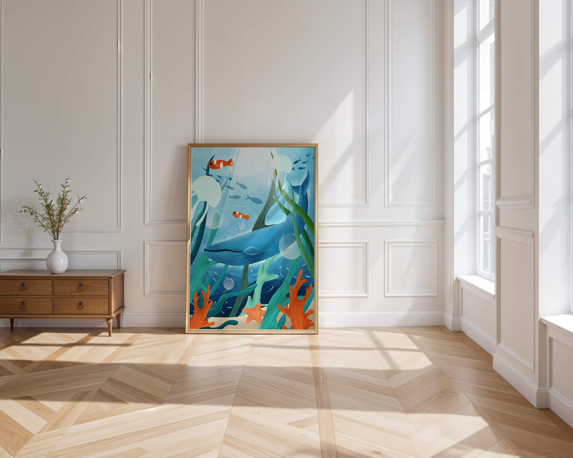 Underwater scene with whale, fish, and sea plants illustration