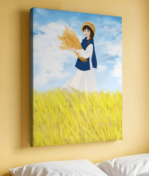 Young girl in a wheat field on a sunny day illustration