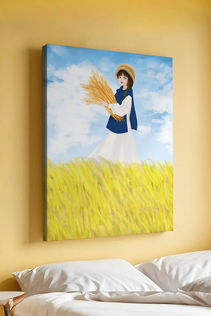 Young girl in a wheat field on a sunny day illustration