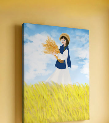 Young girl in a wheat field on a sunny day illustration