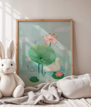 Eine ruhige Teichszene mit einer Ente, Lotusblumen und Seerosenblättern 