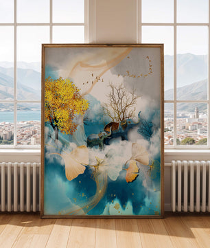 Surreal Nature Scene with Elephants and Golden Leaves