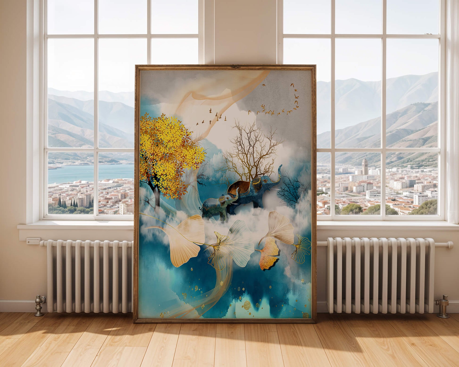 Escena surrealista de la naturaleza con elefantes y hojas doradas