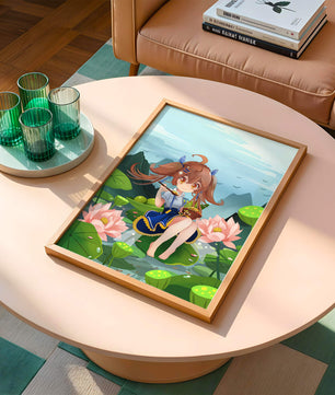Chica de anime sentada en hojas de lirio con montañas al fondo