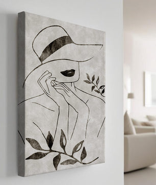 Abstract Woman in Hat with Minimalist Leaf Design