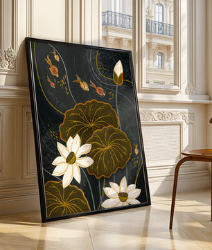 Bassin à carpes koï serein avec des accents de lotus blanc et de poissons dorés