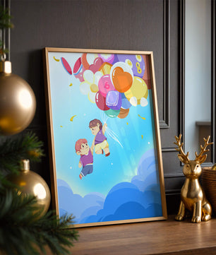 Ilustración caprichosa de niños en el cielo con globos de colores