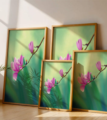 Serene illustration of magnolia flowers with a small figure in a hat