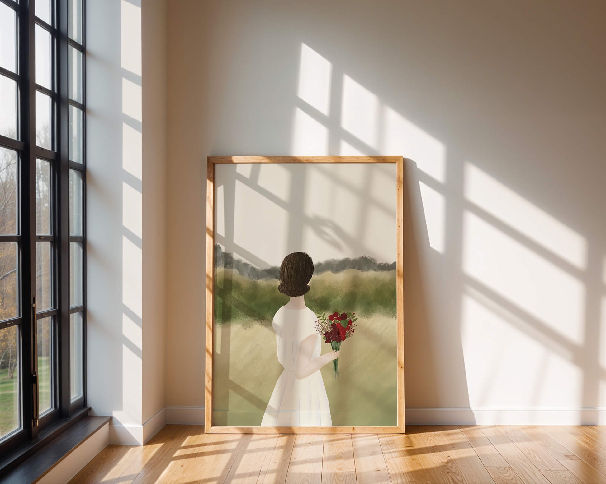 Woman in White Dress Holding Bouquet Facing Nature