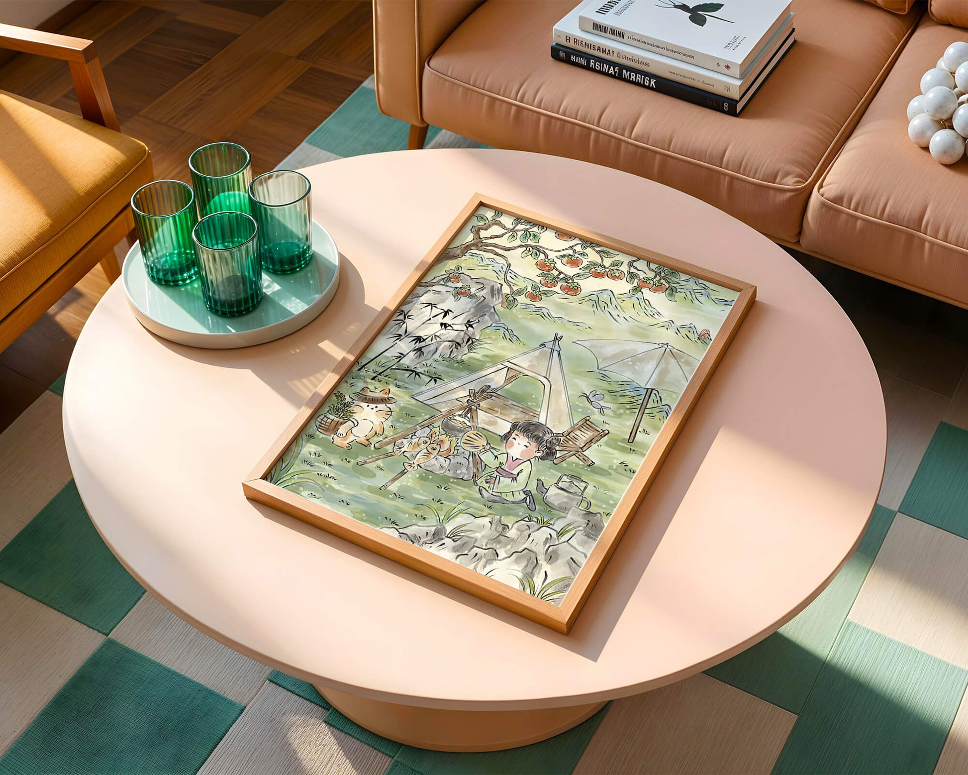 Escena encantadora de camping con un niño y un gato bajo un árbol de caqui