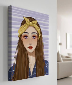 Illustration d'une femme avec un bandeau jaune sur fond rayé
