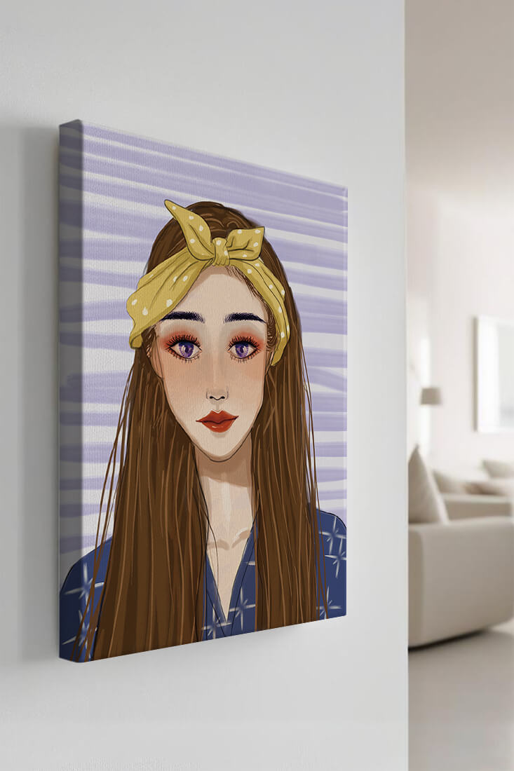 Illustration of a woman with a yellow headband against a striped background