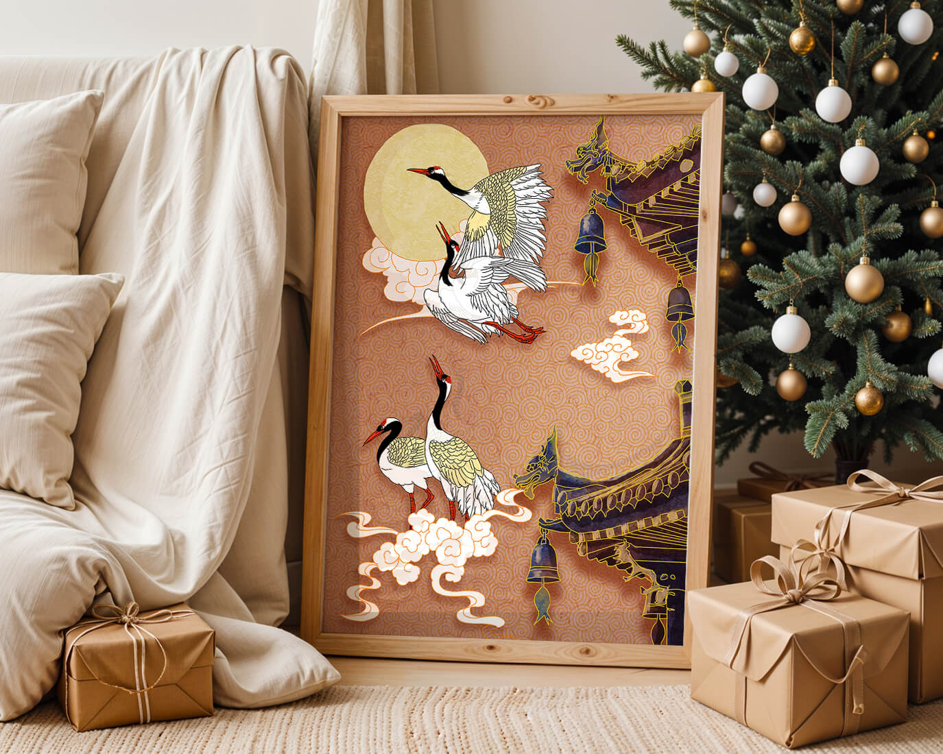Oriental crane art with golden accents and architectural design